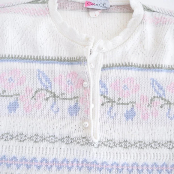 Vintage Grace Cream with Pink  Floral Half Button Down Sweater - Picture 13 of 13